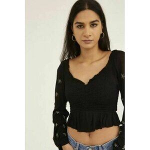 Urban Outfitters UO Jessa Embellished Peplum Cropped Blouse Top Smocked M 217208